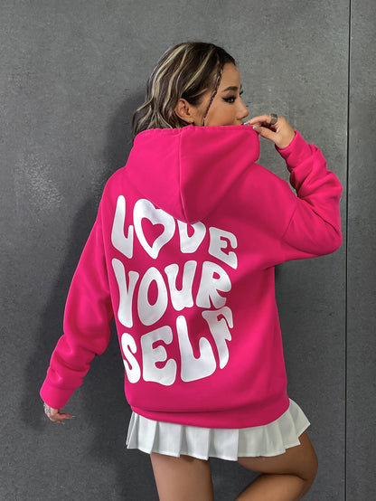 Qutie Slogan Graphic Drop Shoulder Drawstring Thermal Lined Hoodie