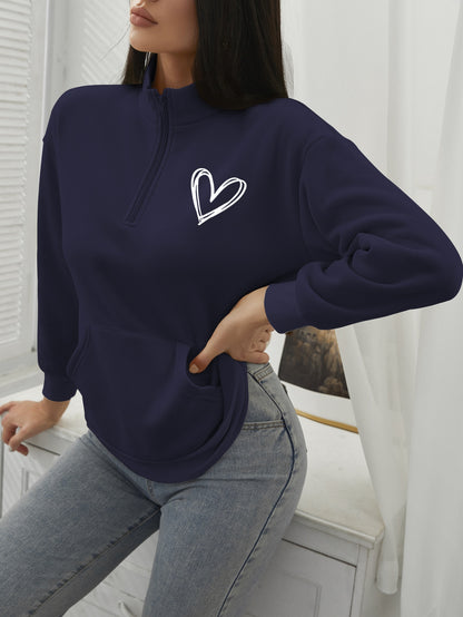 LUNE Heart Print Half Zip Drop Shoulder Sweatshirt