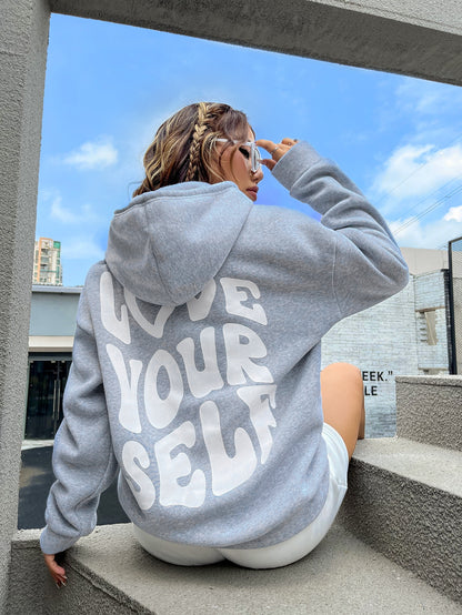 Qutie Slogan Graphic Drop Shoulder Drawstring Thermal Lined Hoodie