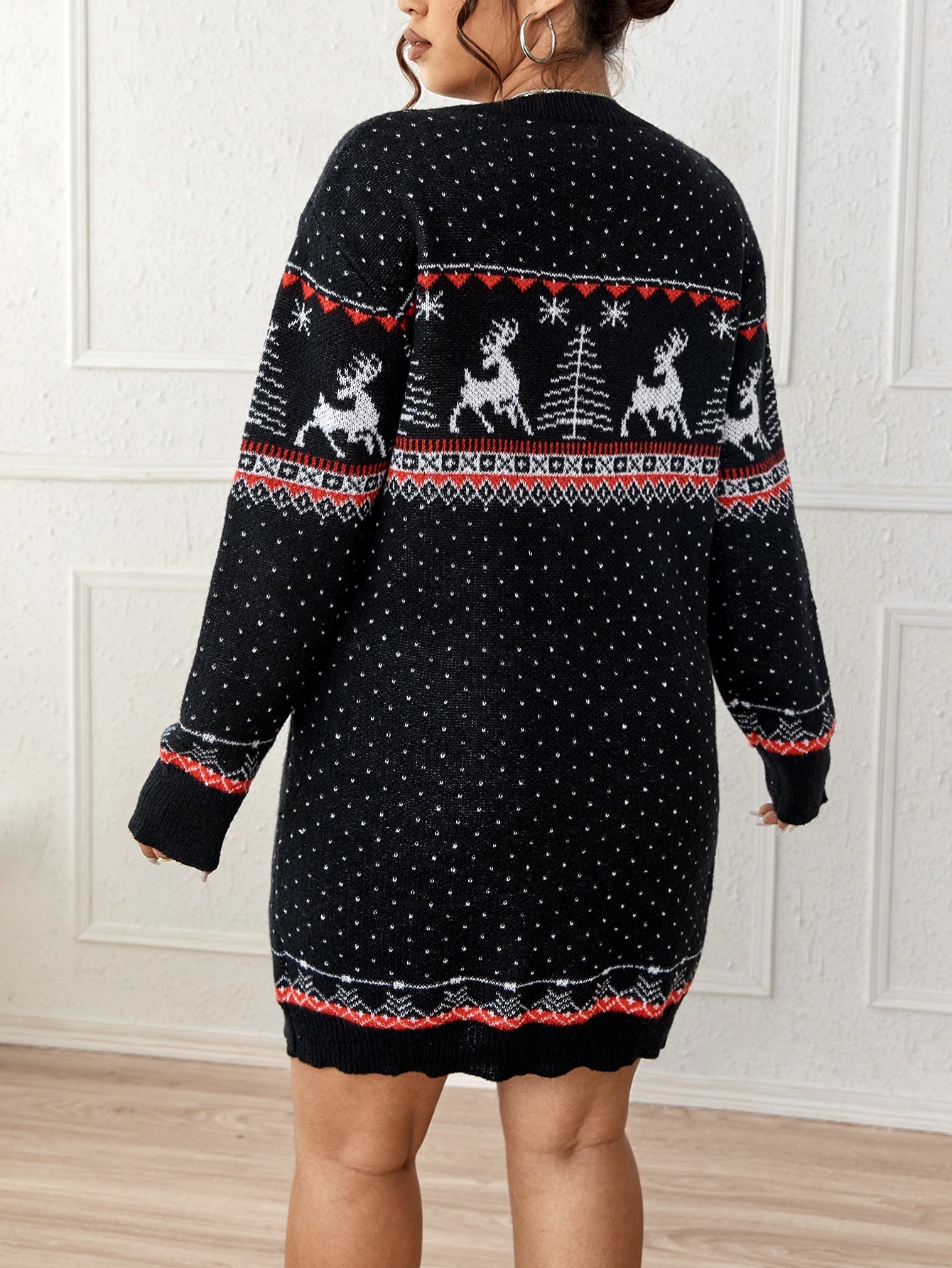 Deer & Tree Pattern Drop Shoulder Sweater Dress