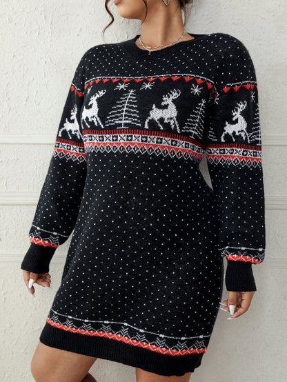 Deer & Tree Pattern Drop Shoulder Sweater Dress