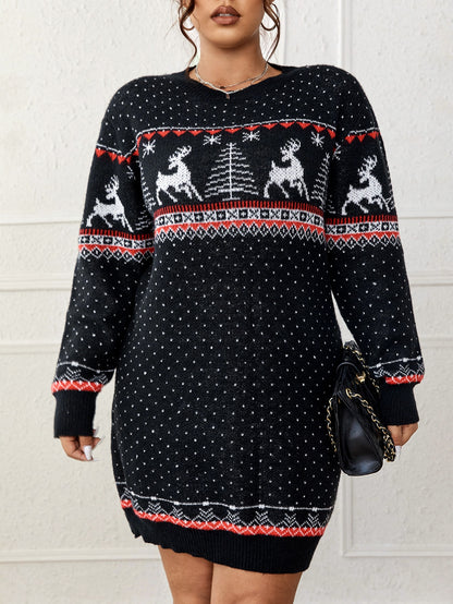 Deer & Tree Pattern Drop Shoulder Sweater Dress