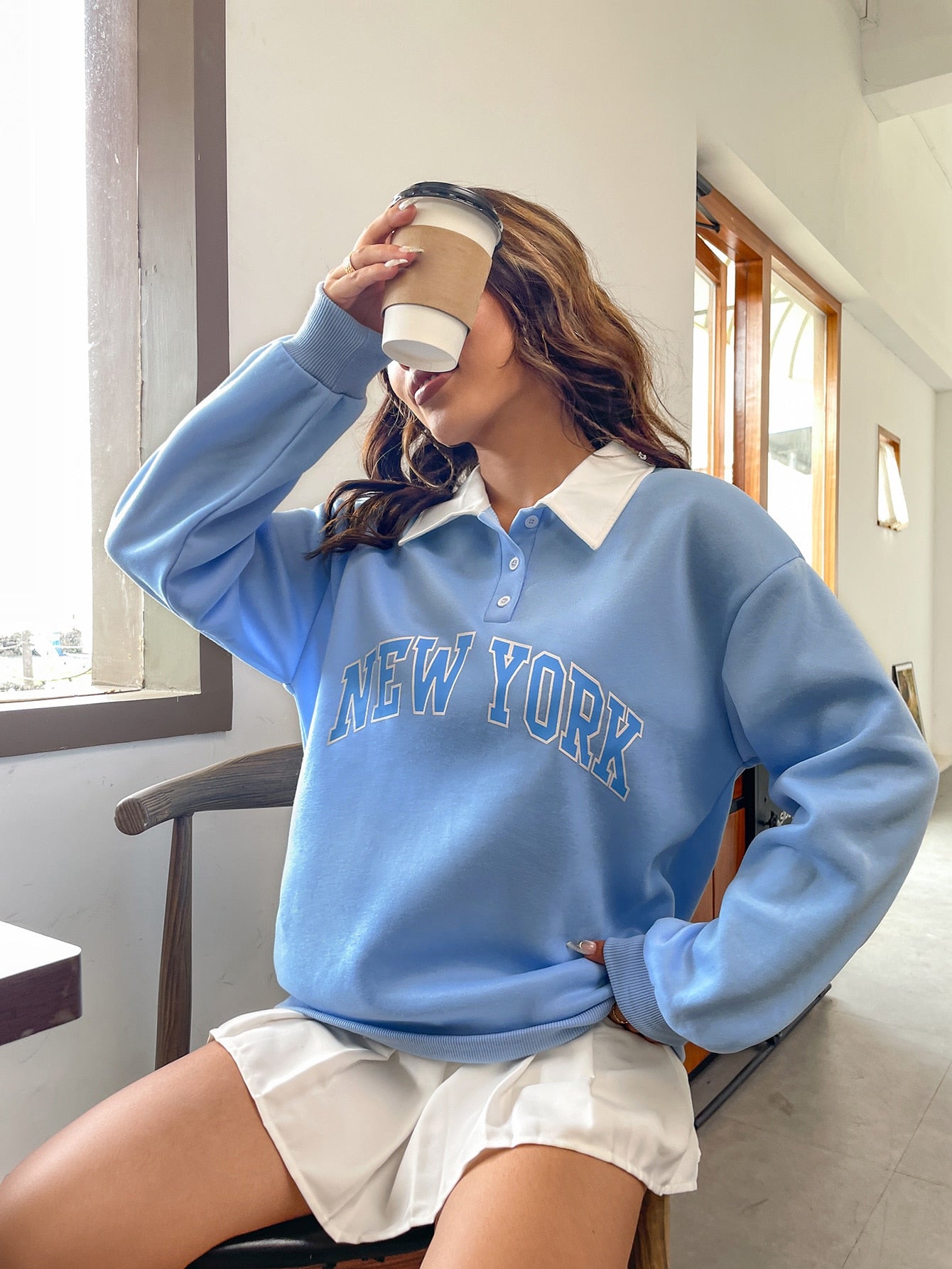 Qutie Polo Collar Drop Shoulder Letter Graphic Pullover