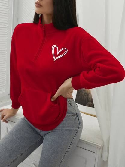 LUNE Heart Print Half Zip Drop Shoulder Sweatshirt