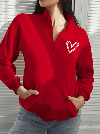 LUNE Heart Print Half Zip Drop Shoulder Sweatshirt