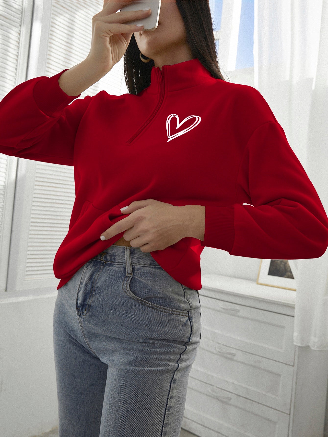 LUNE Heart Print Half Zip Drop Shoulder Sweatshirt