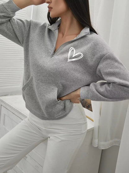 LUNE Heart Print Half Zip Drop Shoulder Sweatshirt