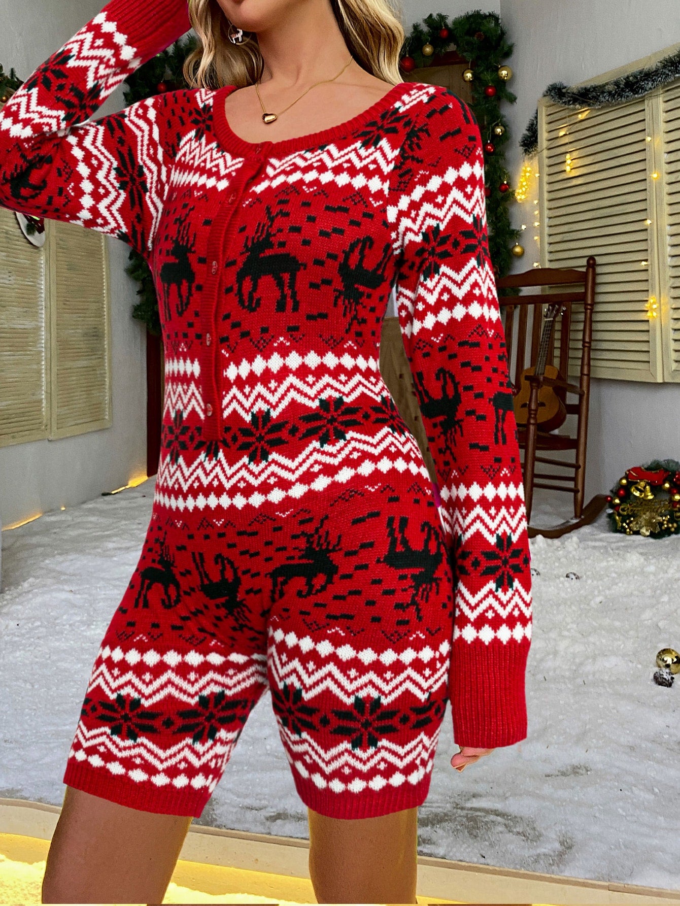 Glamaker Christmas Elk & Geo Print Knit Unitard Romper