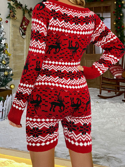 Glamaker Christmas Elk & Geo Print Knit Unitard Romper