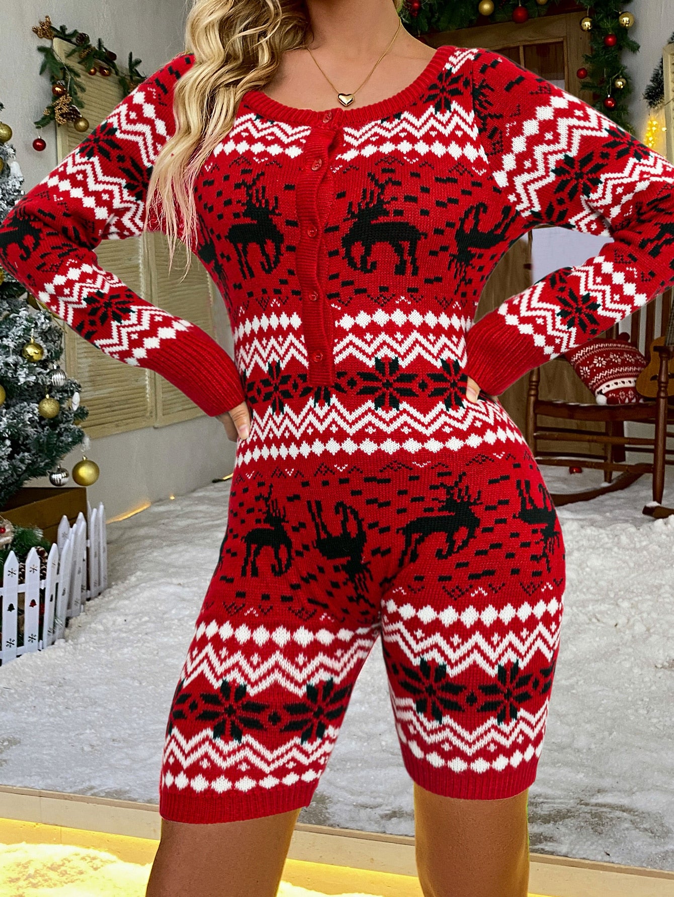 Glamaker Christmas Elk & Geo Print Knit Unitard Romper