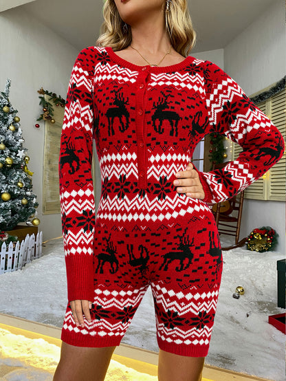 Glamaker Christmas Elk & Geo Print Knit Unitard Romper