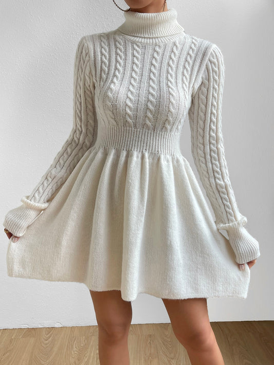 White Cable Knit Turtleneck  Winter Sweater Dress