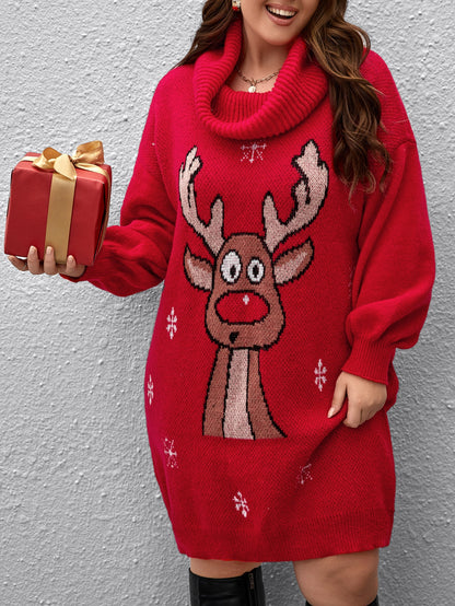 Plus Ugly Christmas Pattern Funnel Neck Drop Shoulder Sweater Dress