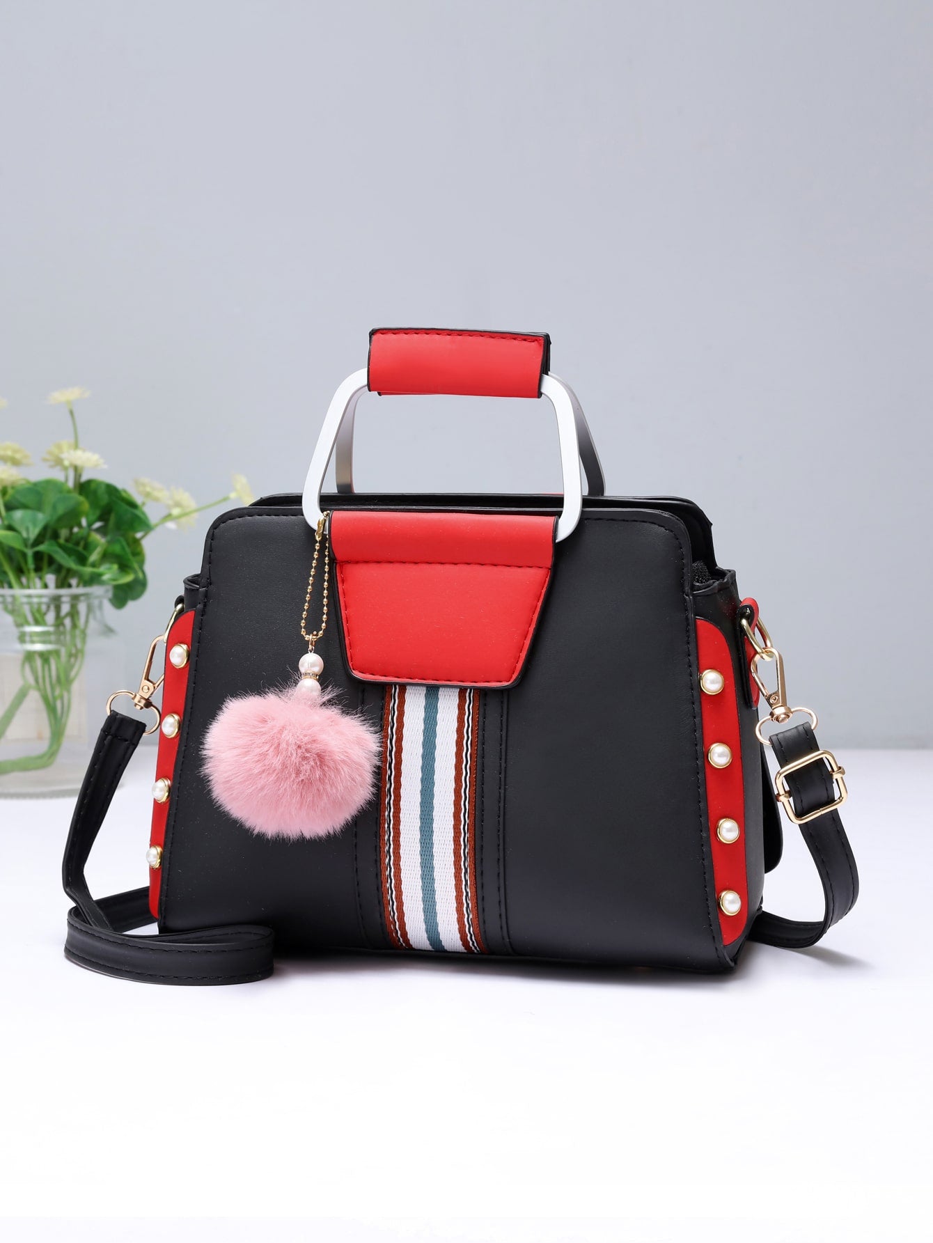 Faux Pearl Pom pom Striped Panel Satchel Bag