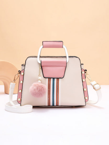 Faux Pearl Pom pom Striped Panel Satchel Bag