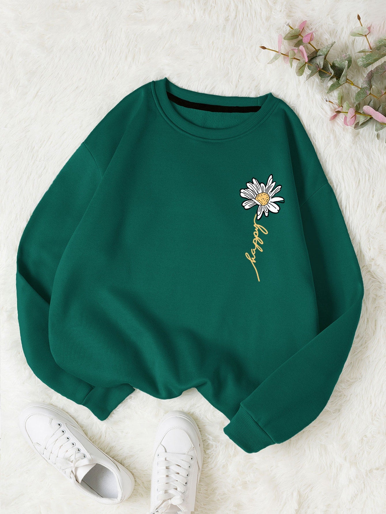 Letter & Floral Print Thermal Pullover