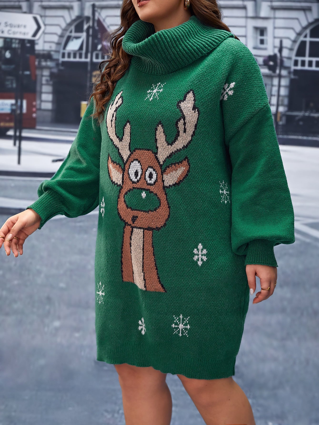 Plus Ugly Christmas Pattern Funnel Neck Drop Shoulder Sweater Dress