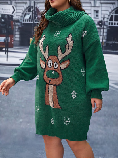 Plus Ugly Christmas Pattern Funnel Neck Drop Shoulder Sweater Dress