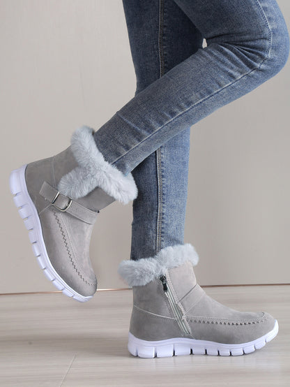 Buckle Decor Zipper Side Teddy Lined Shoes For Women, Winter Thermal Insulated Snow Boots