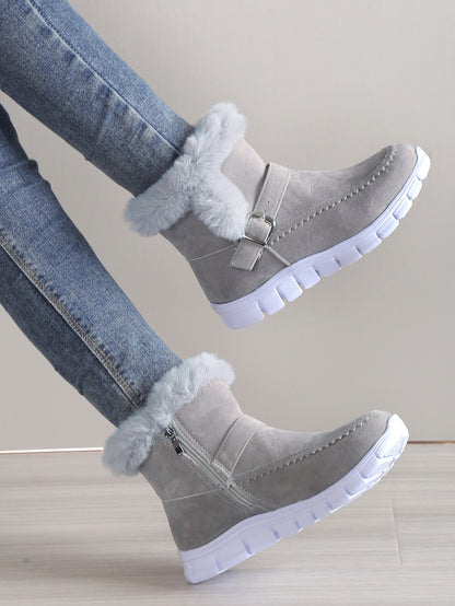 Buckle Decor Zipper Side Teddy Lined Shoes For Women, Winter Thermal Insulated Snow Boots