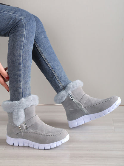 Buckle Decor Zipper Side Teddy Lined Shoes For Women, Winter Thermal Insulated Snow Boots