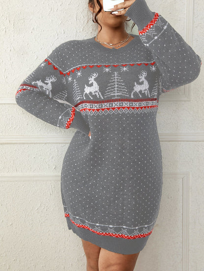 Deer & Tree Pattern Drop Shoulder Sweater Dress