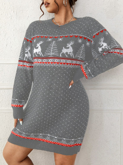 Deer & Tree Pattern Drop Shoulder Sweater Dress