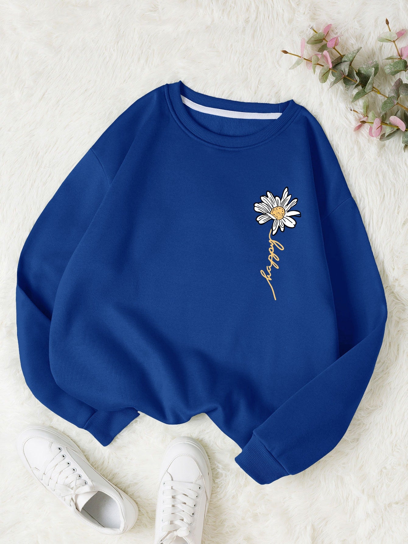 Letter & Floral Print Thermal Pullover