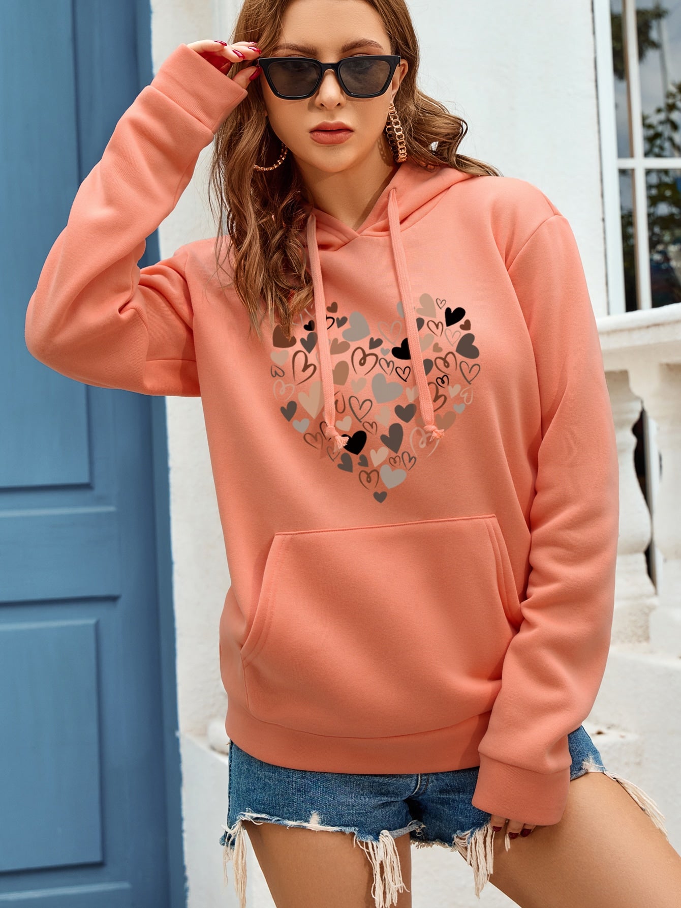 LUNE Heart Print Kangaroo Pocket Drop Shoulder Drawstring Thermal Hoodie