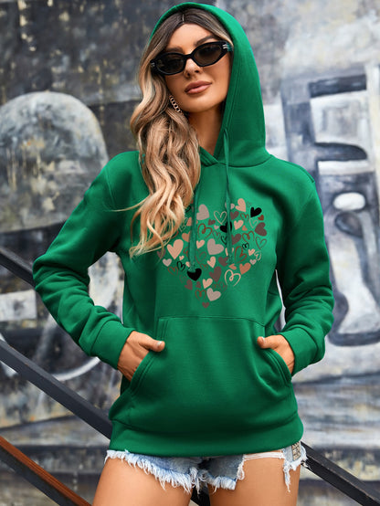 LUNE Heart Print Kangaroo Pocket Drop Shoulder Drawstring Thermal Hoodie