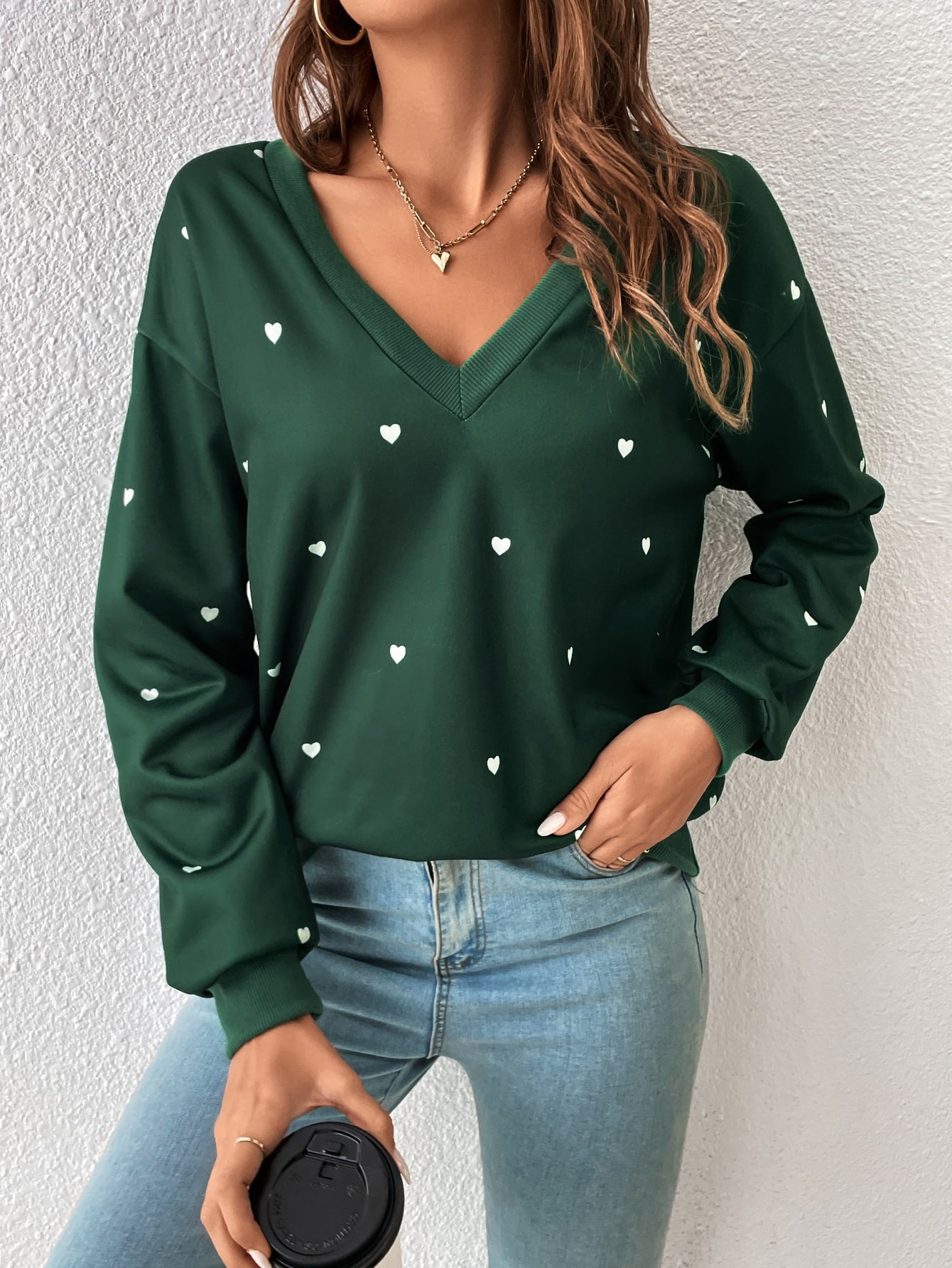 Frenchy Heart Print Drop Shoulder Sweatshirt