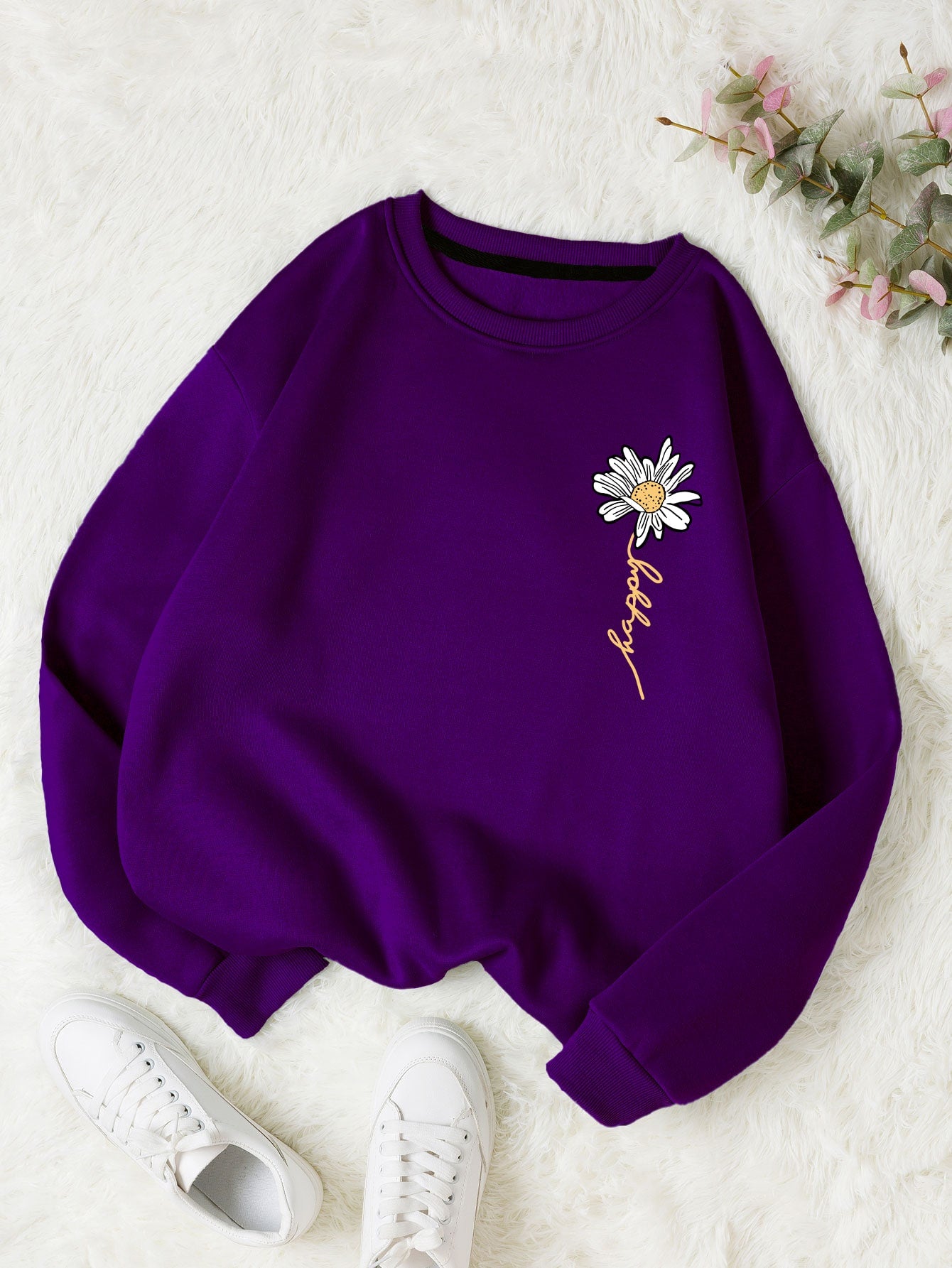 Letter & Floral Print Thermal Pullover