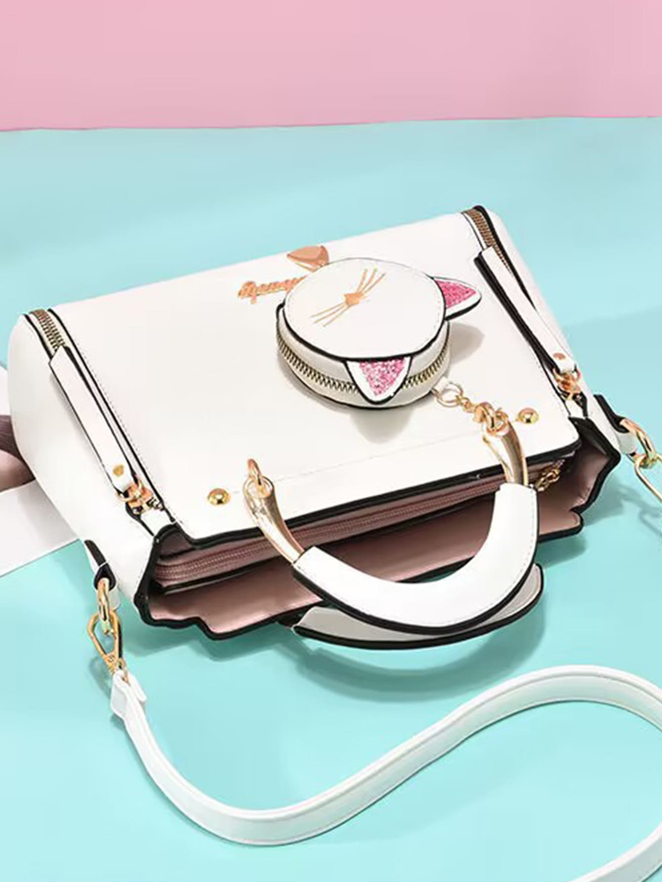 Cute Letter Detail Handbag, Simple Double Handle Purse, Trendy Zipper Shoulder Bag With Adjustable Strap