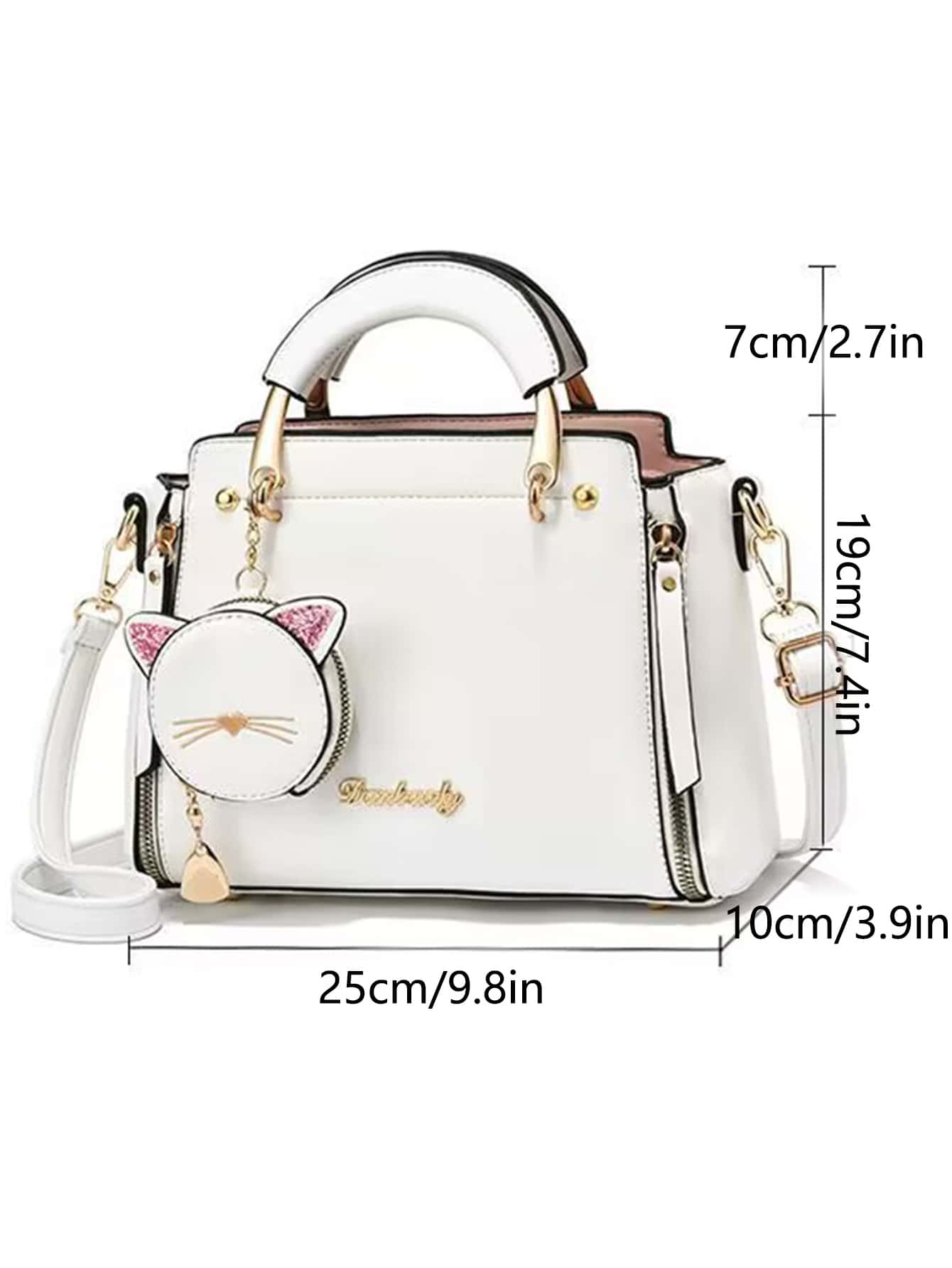 Cute Letter Detail Handbag, Simple Double Handle Purse, Trendy Zipper Shoulder Bag With Adjustable Strap