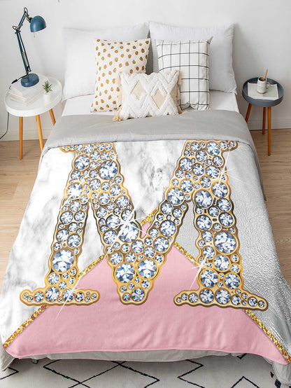 1pc Rhinestone & Letter Graphic Blanket, Modern Flannelette Soft & Warm Blanket For Living Room & Bedroom