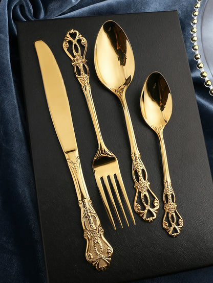 4pcs Hollow Stainless Steel Cutlery, European Palace Style Gold Flatware Set For Dining