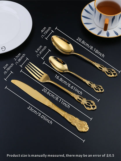 4pcs Hollow Stainless Steel Cutlery, European Palace Style Gold Flatware Set For Dining