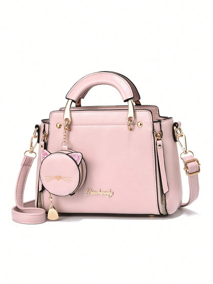 Cute Letter Detail Handbag, Simple Double Handle Purse, Trendy Zipper Shoulder Bag With Adjustable Strap