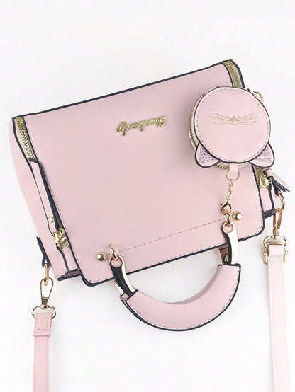 Cute Letter Detail Handbag, Simple Double Handle Purse, Trendy Zipper Shoulder Bag With Adjustable Strap