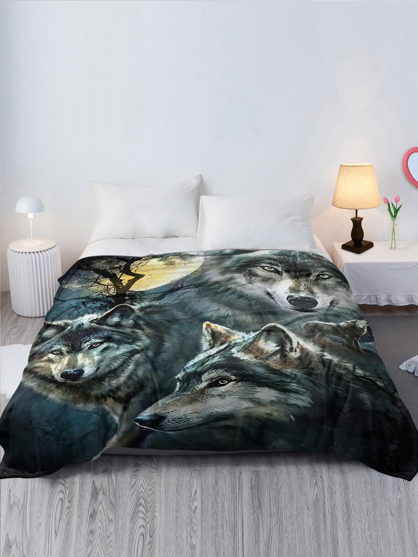 1pc Colorful Wolf Print Blanket, Modern Soft Throw Blanket For Household