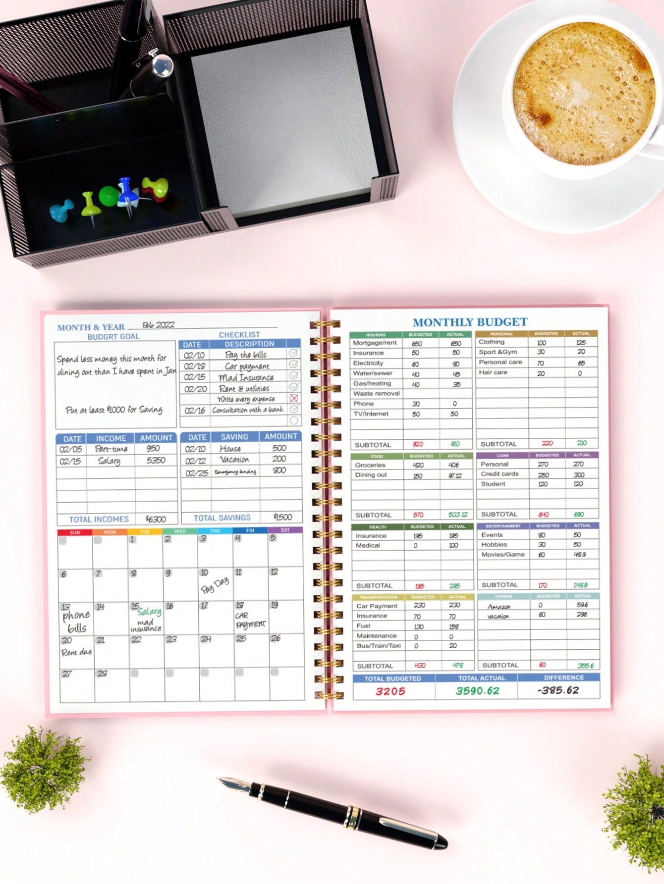 1pc Schedule Spiral Notebook, Leaf Pattern Budget Planner For Home, Office