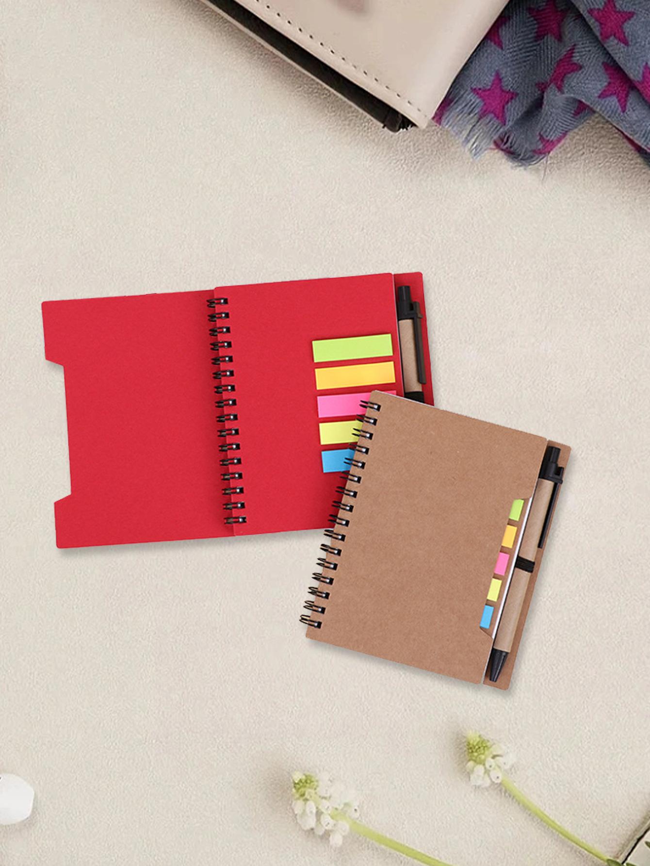 1pc Solid Color Spiral Notebook With Index Sticky Note & 1pc Pen, Simple Portable Multi-purpose Journal Notebook For School, Student, Office