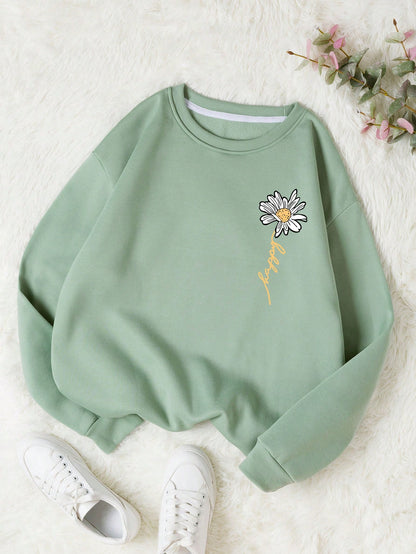 Letter & Floral Print Thermal Pullover