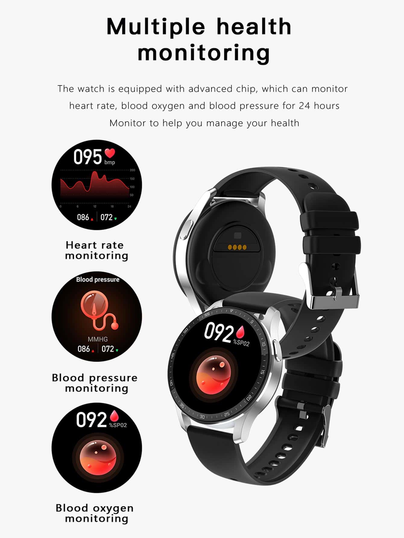 1pc Black Silicone Strap Sporty Heart Rate Monitoring And Sleep Tracking Multi-function Round Dial Smart Watch, Compatible With Androids iPhone