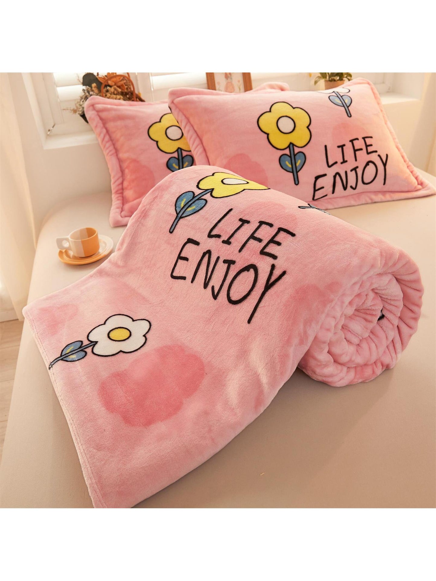 1pc Cartoon Flower Pattern Blanket, Pink Fabric Sleeping Blanket For Home