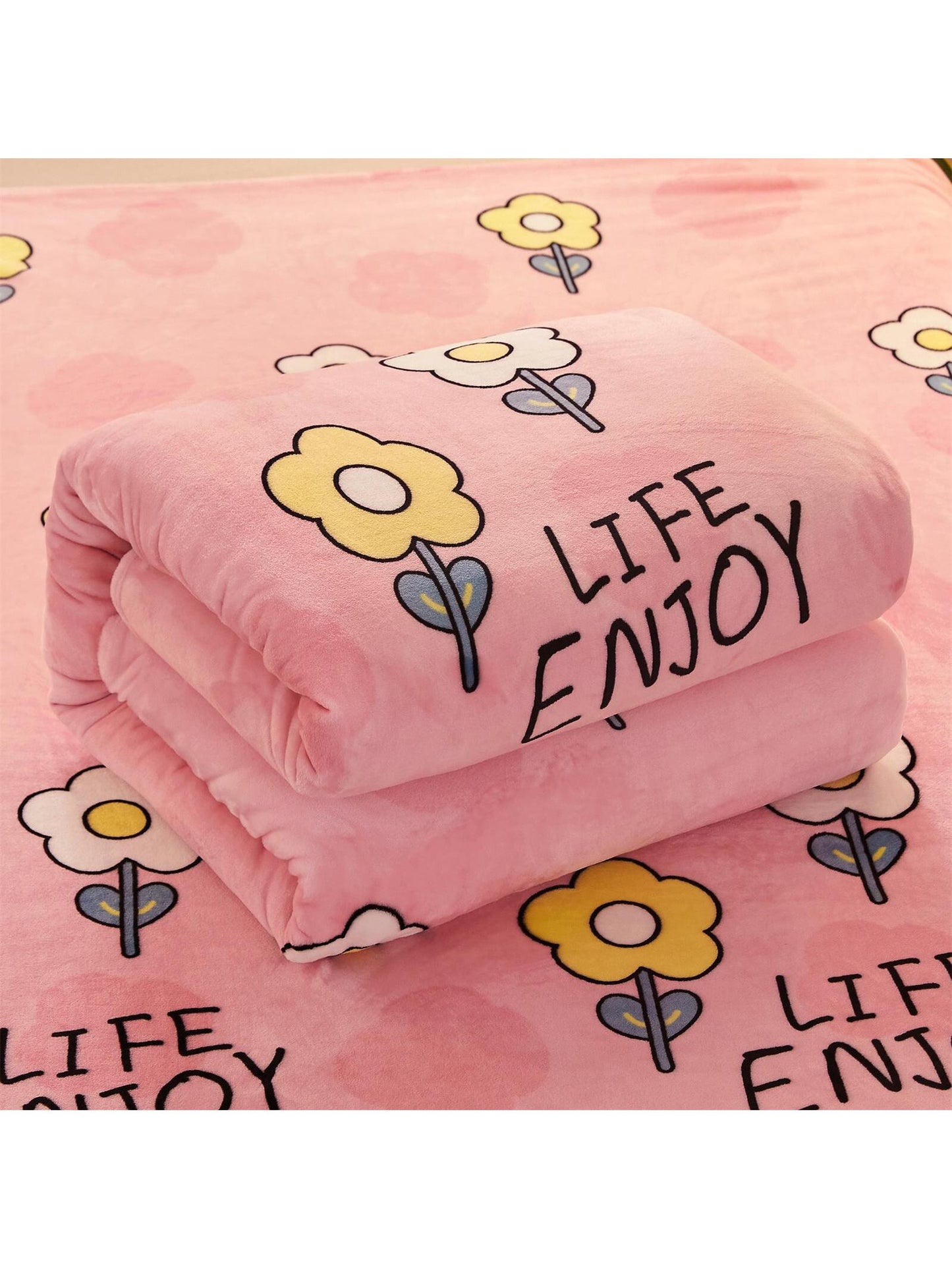 1pc Cartoon Flower Pattern Blanket, Pink Fabric Sleeping Blanket For Home