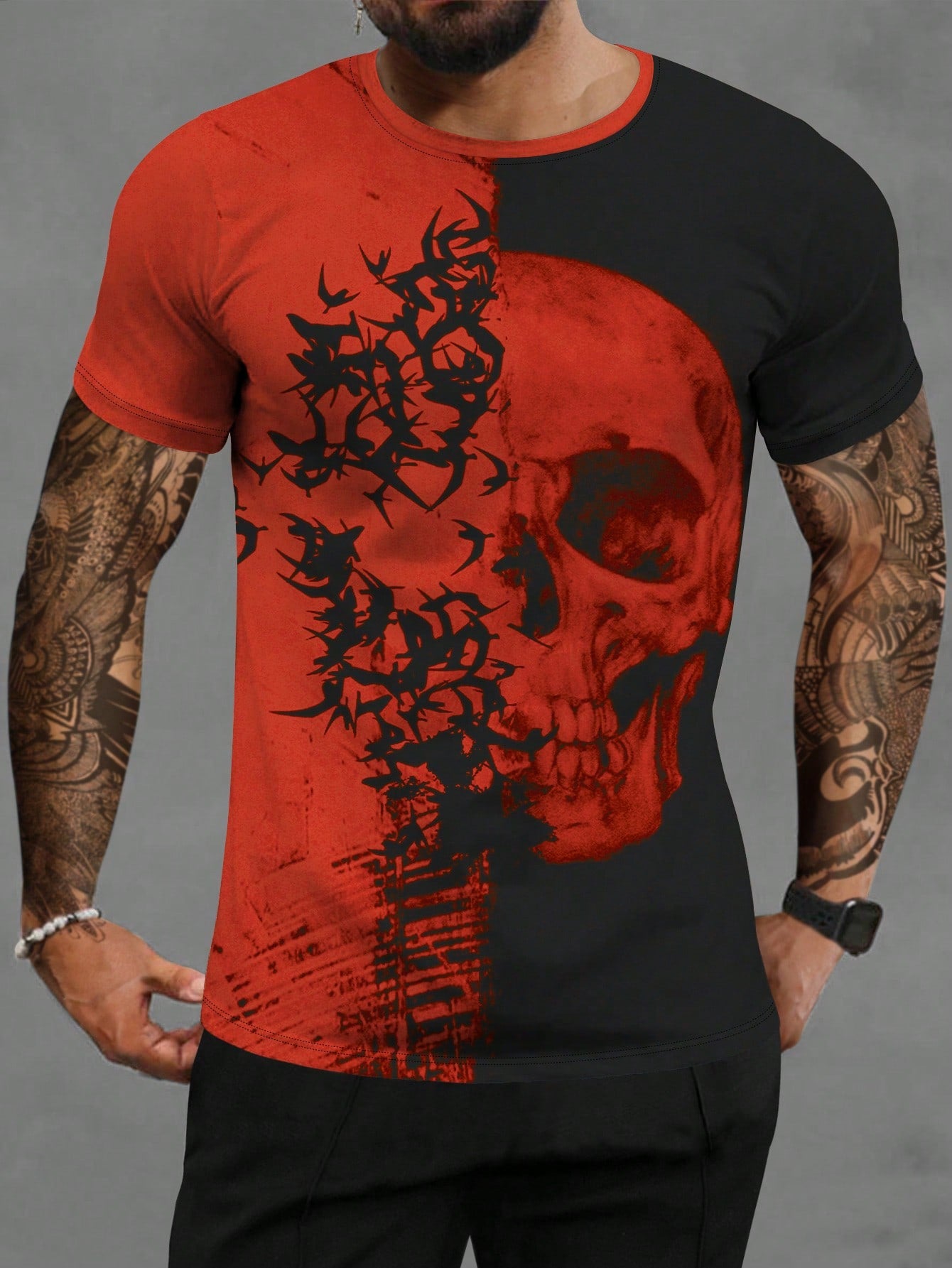 Men Skull Print Two Tone Tee, Halloween Tshirt, Halloween meanswear