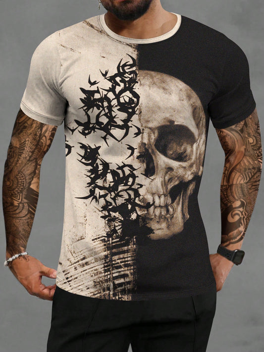 Men Skull Print Two Tone Tee, Halloween Tshirt, Halloween meanswear