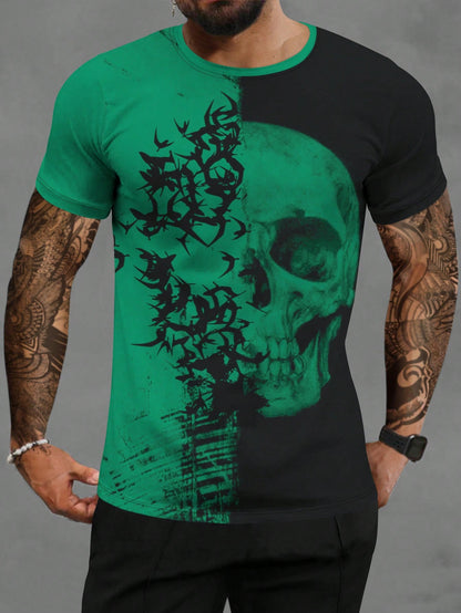 Men Skull Print Two Tone Tee, Halloween Tshirt, Halloween meanswear