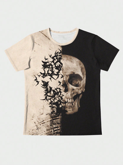 Men Skull Print Two Tone Tee, Halloween Tshirt, Halloween meanswear